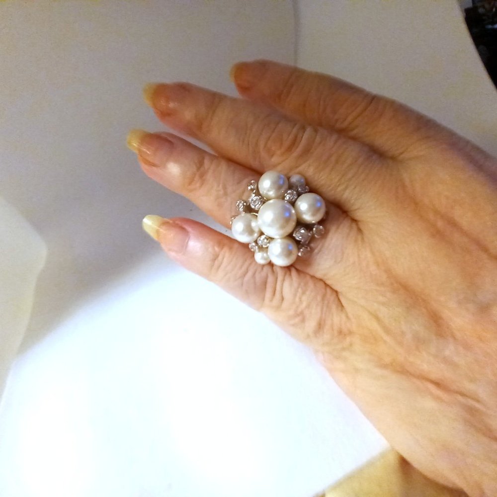 Huge Faux Pearl And CZ Cluster Ring 8